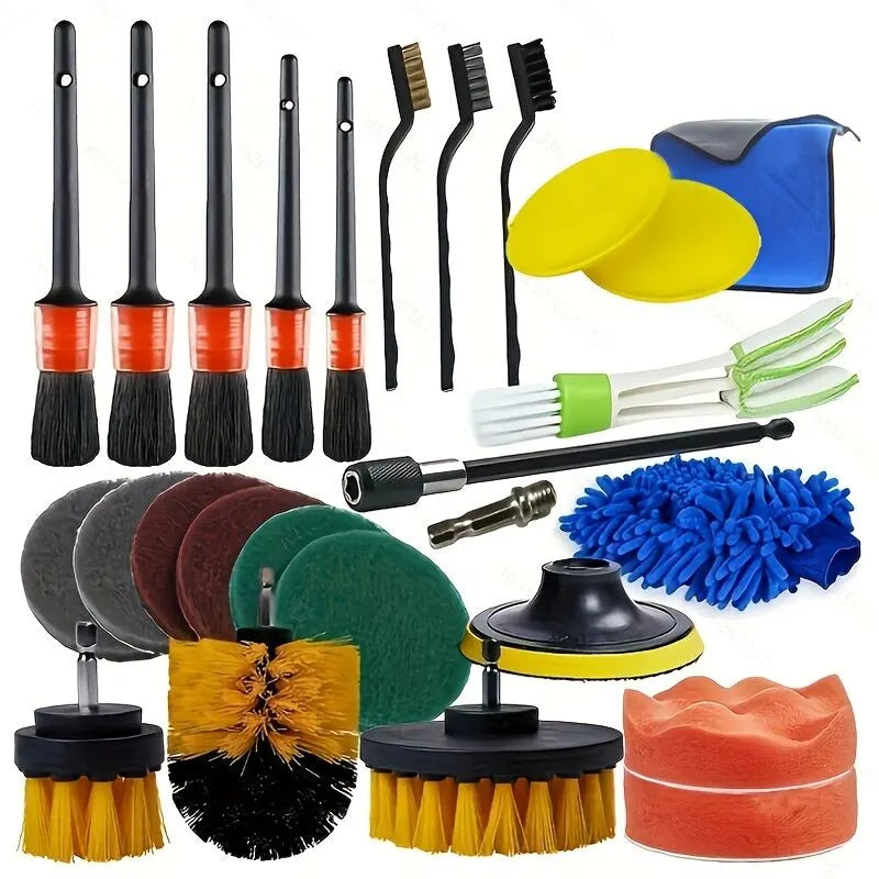 26-piece full function car detailing kit with drill brush and wheel cleaner - Heavy-duty manual and drill-powered cleaning set, color-coded brushes for paint restoration, glass, metal, plastic surfaces - Car washing, polishing, protection - Suitable for h