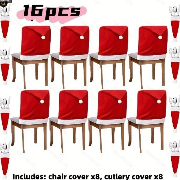 16-piece Christmas chair set-holiday red Christmas hat pattern, suitable for holiday dinners and party decorations, including 8 chair sets and 8 tableware sets, reusable, durable fabric, suitable for Christmas, New Year, Valentine's Day and party activiti - Image 2