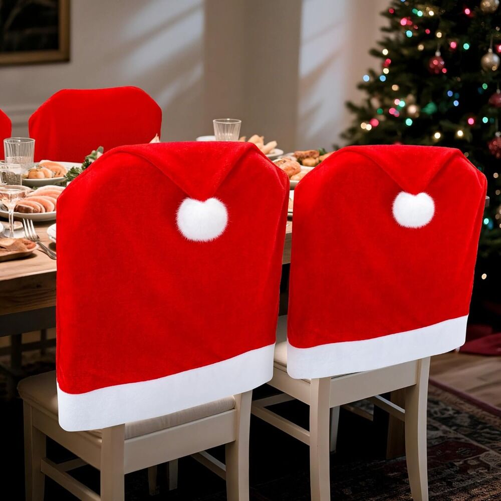16-piece Christmas chair set-holiday red Christmas hat pattern, suitable for holiday dinners and party decorations, including 8 chair sets and 8 tableware sets, reusable, durable fabric, suitable for Christmas, New Year, Valentine's Day and party activiti - Image 3