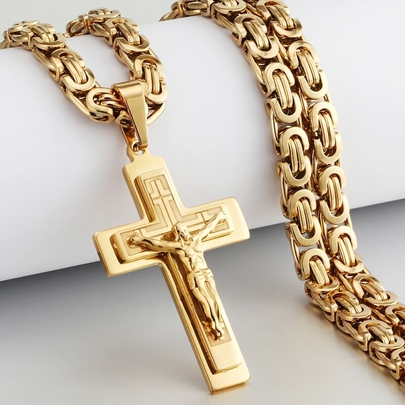 Trident cross men's pendant necklace - gold U-shaped flat chain design, religious style fashion accessory, suitable for daily and formal occasions | high-quality accessory | exquisite men's jewelry - Image 2