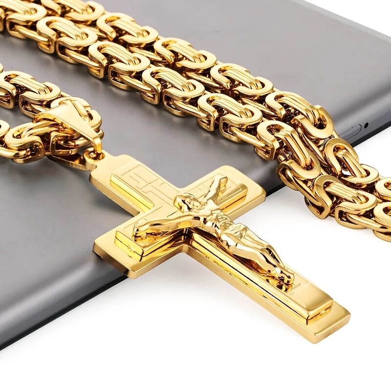 Trident cross men's pendant necklace - gold U-shaped flat chain design, religious style fashion accessory, suitable for daily and formal occasions | high-quality accessory | exquisite men's jewelry - Image 3