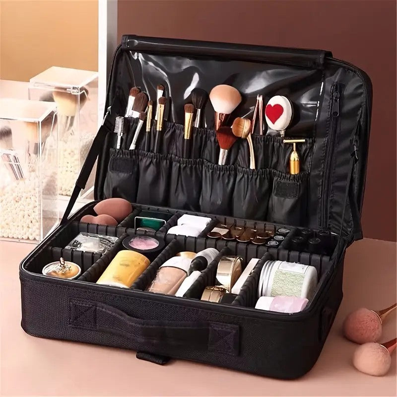**Large Waterproof Makeup Organizer: Adjustable Dividers, Detachable Brush Holder, Multi-Compartment Design, Portable & Moisture-Resistant, Professional Cosmetic Storage Case** - Image 8