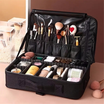 **Large Waterproof Makeup Organizer: Adjustable Dividers, Detachable Brush Holder, Multi-Compartment Design, Portable & Moisture-Resistant, Professional Cosmetic Storage Case** - Image 8