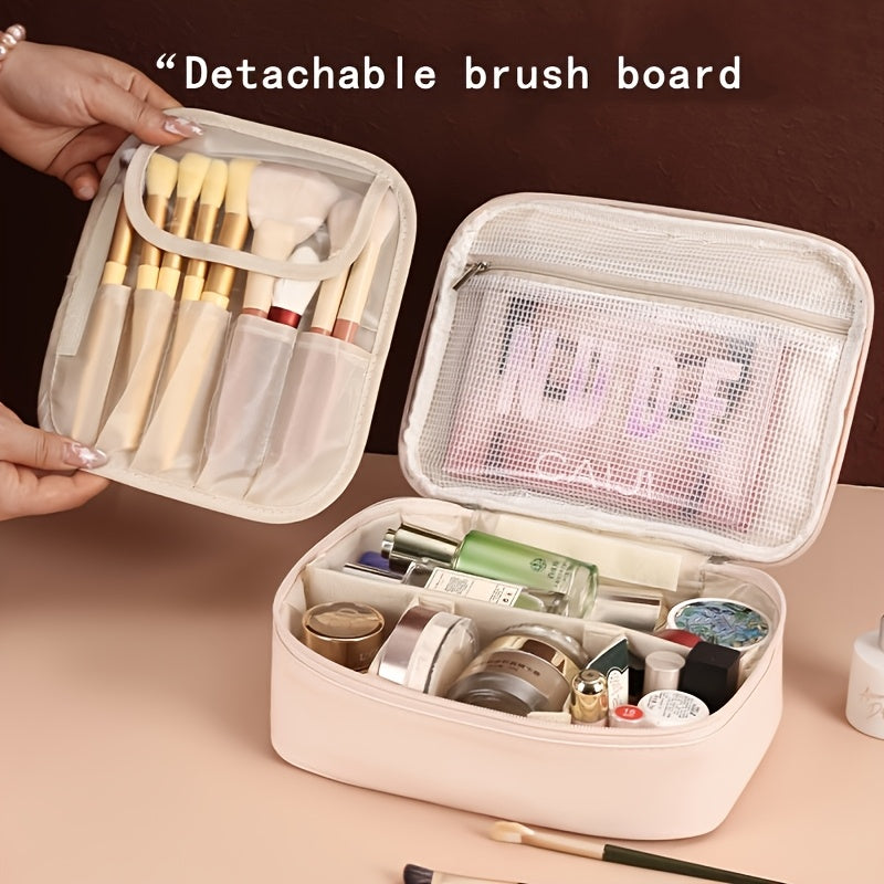 High-capacity multi-layer travel makeup organizer, featuring removable compartments and a brush holder—a portable beauty case, elegantly painted storage box, designed as a standalone unit, no assembly required.（pink） - Image 6