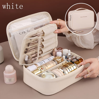 High-capacity multi-layer travel makeup organizer, featuring removable compartments and a brush holder—a portable beauty case, elegantly painted storage box, designed as a standalone unit, no assembly required.（mocha brown） - Image 7