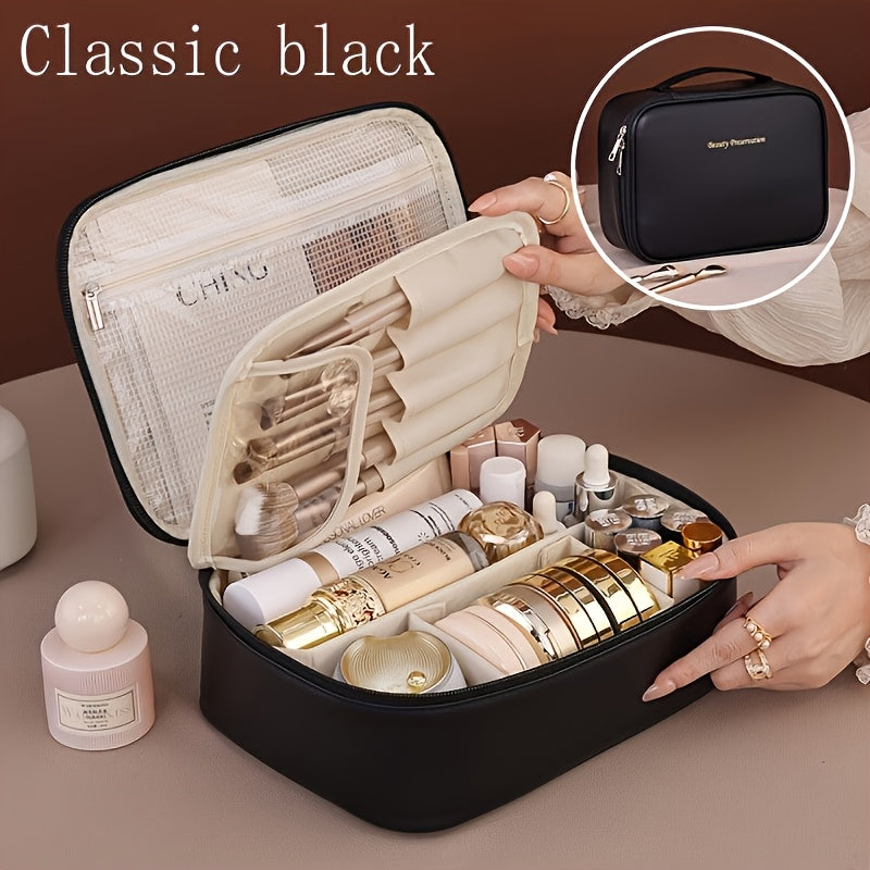 High-capacity multi-layer travel makeup organizer, featuring removable compartments and a brush holder—a portable beauty case, elegantly painted storage box, designed as a standalone unit, no assembly required.（mocha brown） - Image 8