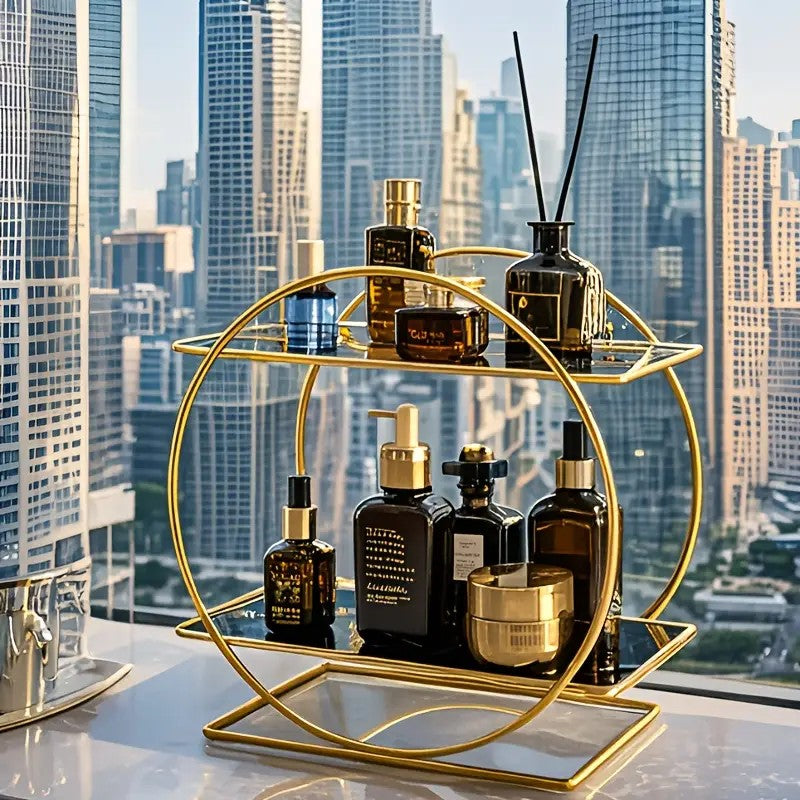 Elegant Golden Two-Tier Metal Cosmetic Organizer Stand - Luxury Countertop Makeup and Skincare Storage Shelf, Ideal for Bathroom Vanity, Home Decor, Dressing Table Accessories, and Perfume Storage - Image 3