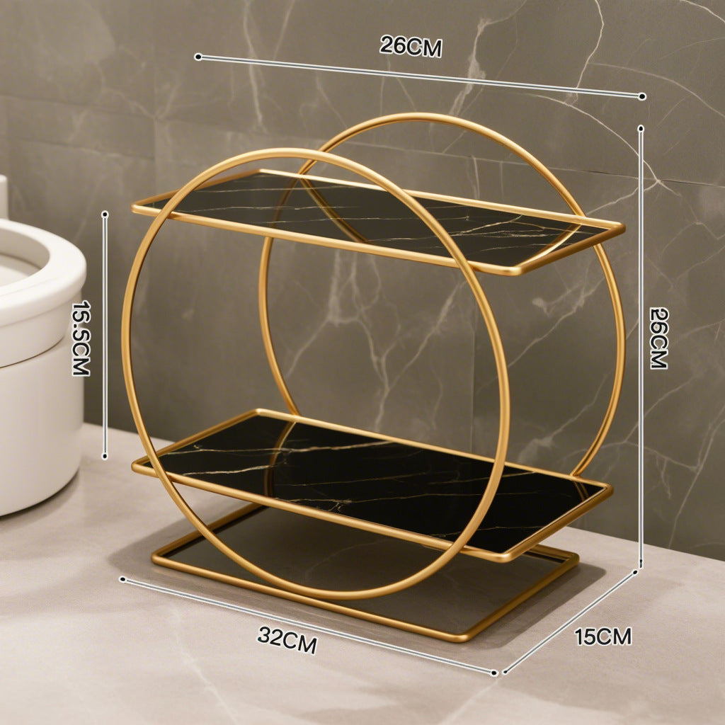 Elegant Golden Two-Tier Metal Cosmetic Organizer Stand - Luxury Countertop Makeup and Skincare Storage Shelf, Ideal for Bathroom Vanity, Home Decor, Dressing Table Accessories, and Perfume Storage - Image 4