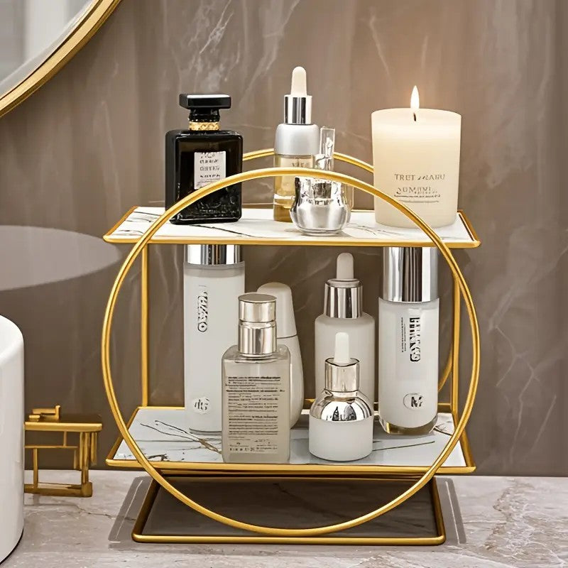 Elegant Golden Two-Tier Metal Cosmetic Organizer Stand - Luxury Countertop Makeup and Skincare Storage Shelf, Ideal for Bathroom Vanity, Home Decor, Dressing Table Accessories, and Perfume Storage - Image 5