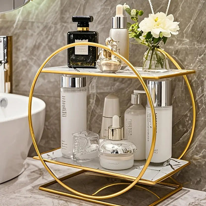 Elegant Golden Two-Tier Metal Cosmetic Organizer Stand - Luxury Countertop Makeup and Skincare Storage Shelf, Ideal for Bathroom Vanity, Home Decor, Dressing Table Accessories, and Perfume Storage - Image 6