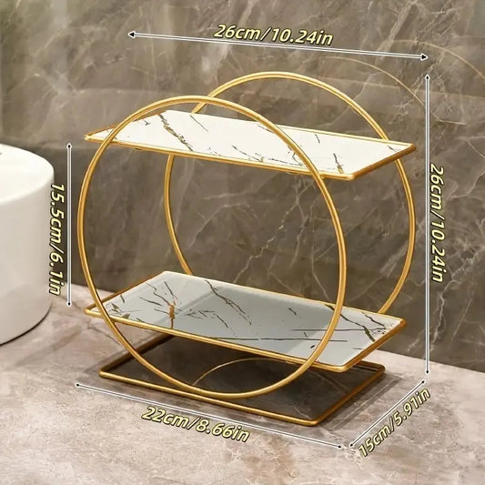 （White second floor）Elegant Golden Two-Tier Metal Cosmetic Organizer Stand - Luxury Countertop Makeup and Skincare Storage Shelf, Ideal for Bathroom Vanity, Home Decor, Dressing Table Accessories, and Perfume Storage - Image 2