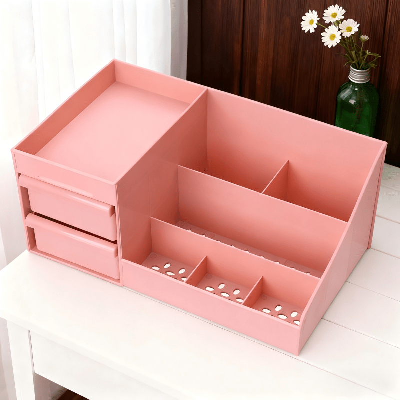 Pink Multi-Compartment Large-Capacity Desktop Storage Box Keeps vanity tables and desks neat and organized—lipsticks, masks, makeup brushes all stored in one box. Easy access, seamlessly fits into various settings. - Image 2
