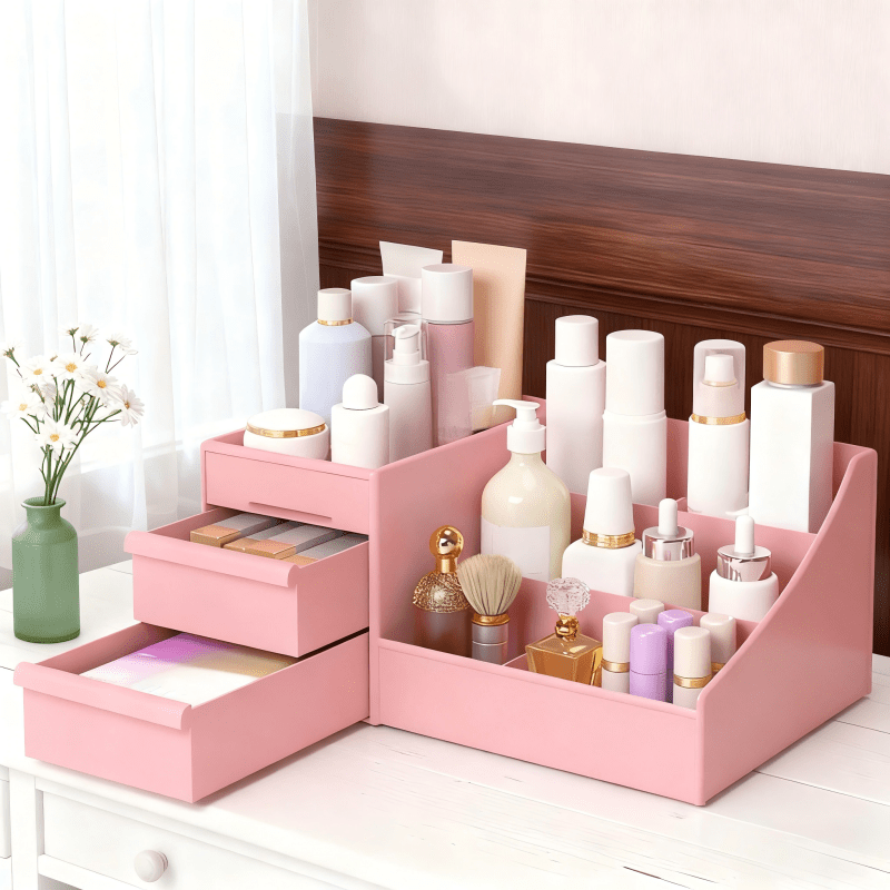 Pink Multi-Compartment Large-Capacity Desktop Storage Box Keeps vanity tables and desks neat and organized—lipsticks, masks, makeup brushes all stored in one box. Easy access, seamlessly fits into various settings. - Image 7