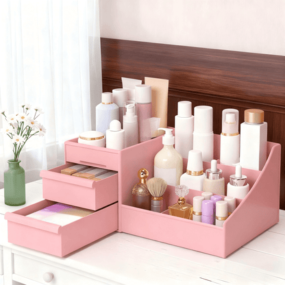 Pink Multi-Compartment Large-Capacity Desktop Storage Box Keeps vanity tables and desks neat and organized—lipsticks, masks, makeup brushes all stored in one box. Easy access, seamlessly fits into various settings. - Image 7