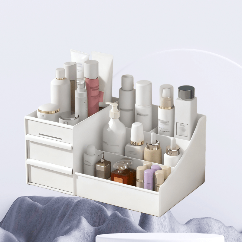 Milky white Multi-Compartment Large-Capacity Desktop Storage Box Keeps vanity tables and desks neat and organized—lipsticks, masks, makeup brushes all stored in one box. Easy access, seamlessly fits into various settings. - Image 2