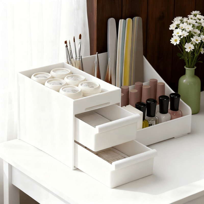 Milky white Multi-Compartment Large-Capacity Desktop Storage Box Keeps vanity tables and desks neat and organized—lipsticks, masks, makeup brushes all stored in one box. Easy access, seamlessly fits into various settings. - Image 3