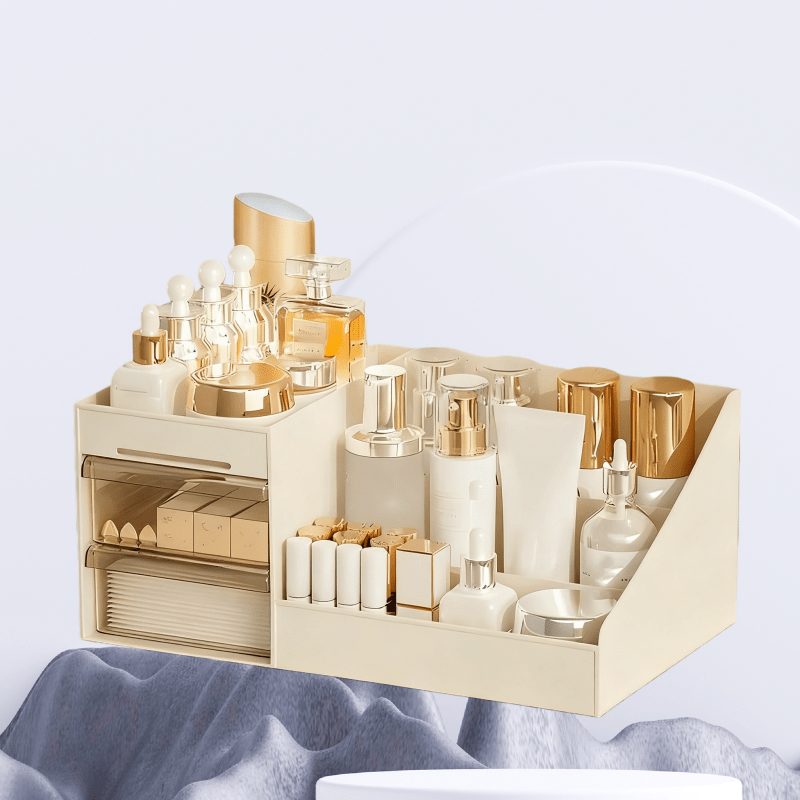 Milky white Multi-Compartment Large-Capacity Desktop Storage Box Keeps vanity tables and desks neat and organized—lipsticks, masks, makeup brushes all stored in one box. Easy access, seamlessly fits into various settings. - Image 6