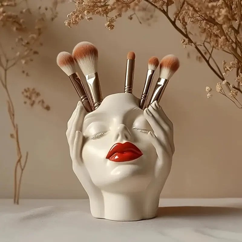 Sculpted Hands Vanity Brush Holder — "Goddess Embrace" Resin Organizer with Red Lips Accent/1 Piece Elegant Resin Makeup Brush Holder with Red Lips Design - Lightweight Synthetic Cosmetics Organizer Box, Standalone Desktop Storage Case for Bathroom or Dre
