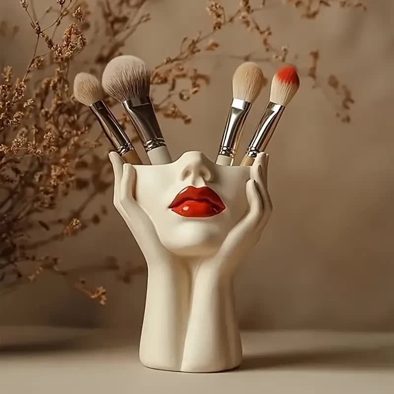 Sculpted Hands Vanity Brush Holder — "Goddess Embrace" Resin Organizer with Red Lips Accent/1 Piece Elegant Resin Makeup Brush Holder with Red Lips Design - Lightweight Synthetic Cosmetics Organizer Box, Standalone Desktop Storage Case for Bathroom or Dre - Image 6