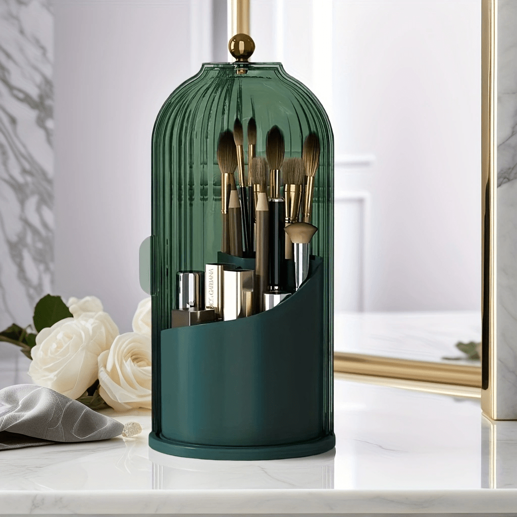 Transparent Rotating Makeup Brush Holder: 360° Rotation for Easy Access, Dust-Proof with Compartments, Neat and Portable(Transparent green） - Image 2