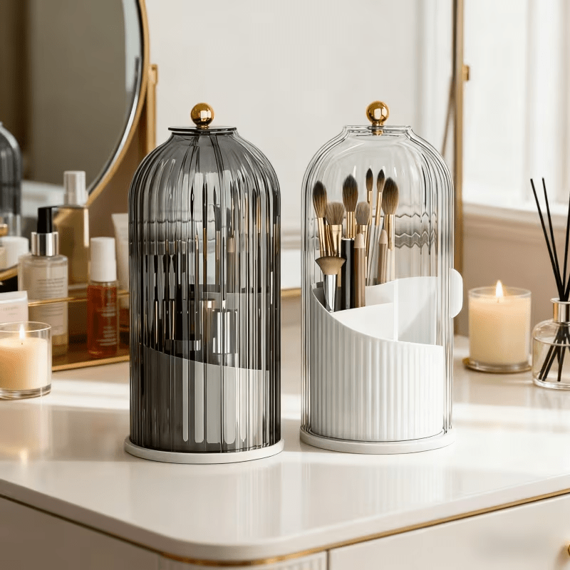 Transparent Rotating Makeup Brush Holder: 360° Rotation for Easy Access, Dust-Proof with Compartments, Neat and Portable(Transparent green） - Image 6
