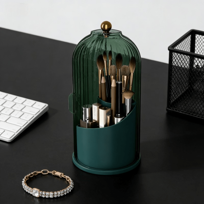 Transparent Rotating Makeup Brush Holder: 360° Rotation for Easy Access, Dust-Proof with Compartments, Neat and Portable(Transparent green） - Image 7