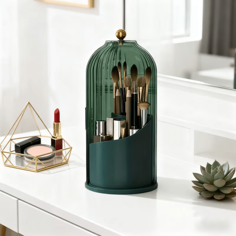 Transparent Rotating Makeup Brush Holder: 360° Rotation for Easy Access, Dust-Proof with Compartments, Neat and Portable(Transparent green） - Image 9