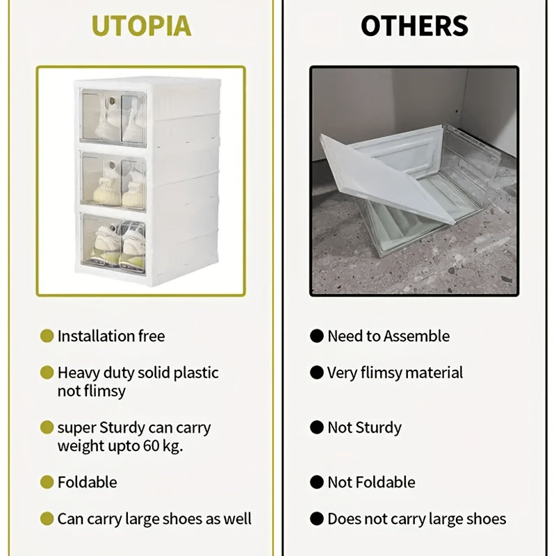 3-Tier Stackable Shoe Storage Box Set, featuring easy-access front-opening waterproof transparent plastic storage bins with no assembly required - perfect for closets and entryways. - Image 5
