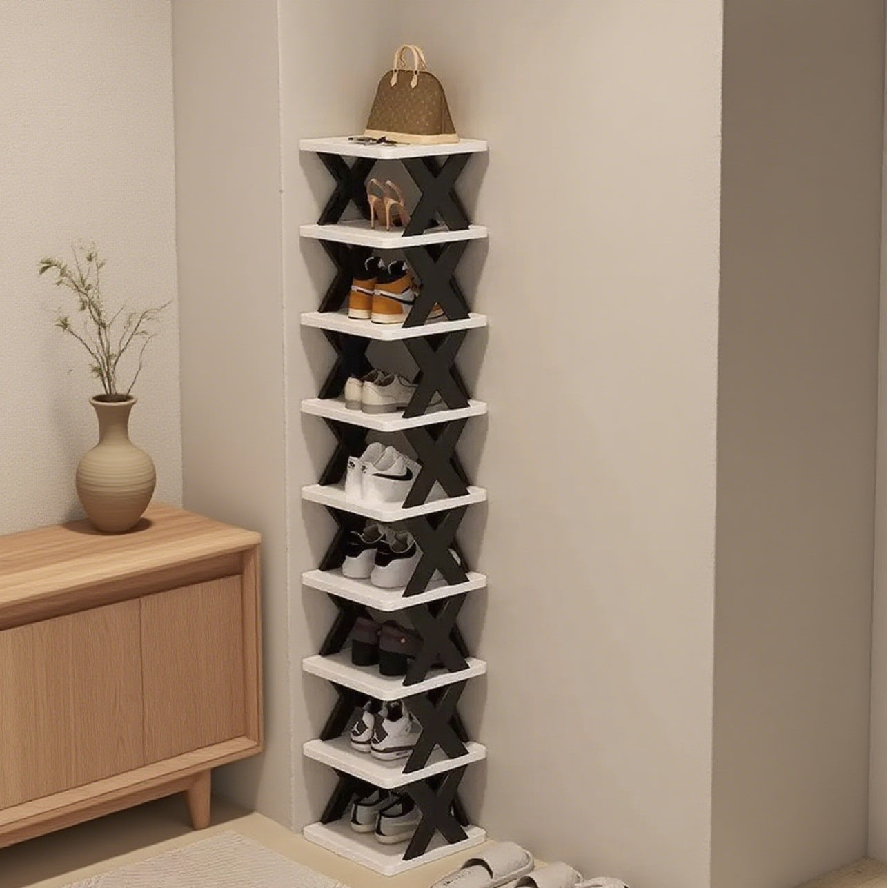 6-Tier Foldable White/BLACK Shoe Rack, space-saving vertical design for entry halls, living rooms, bedrooms, closets, balconies—an essential organizing storage shelf for college dormitories. - Image 7