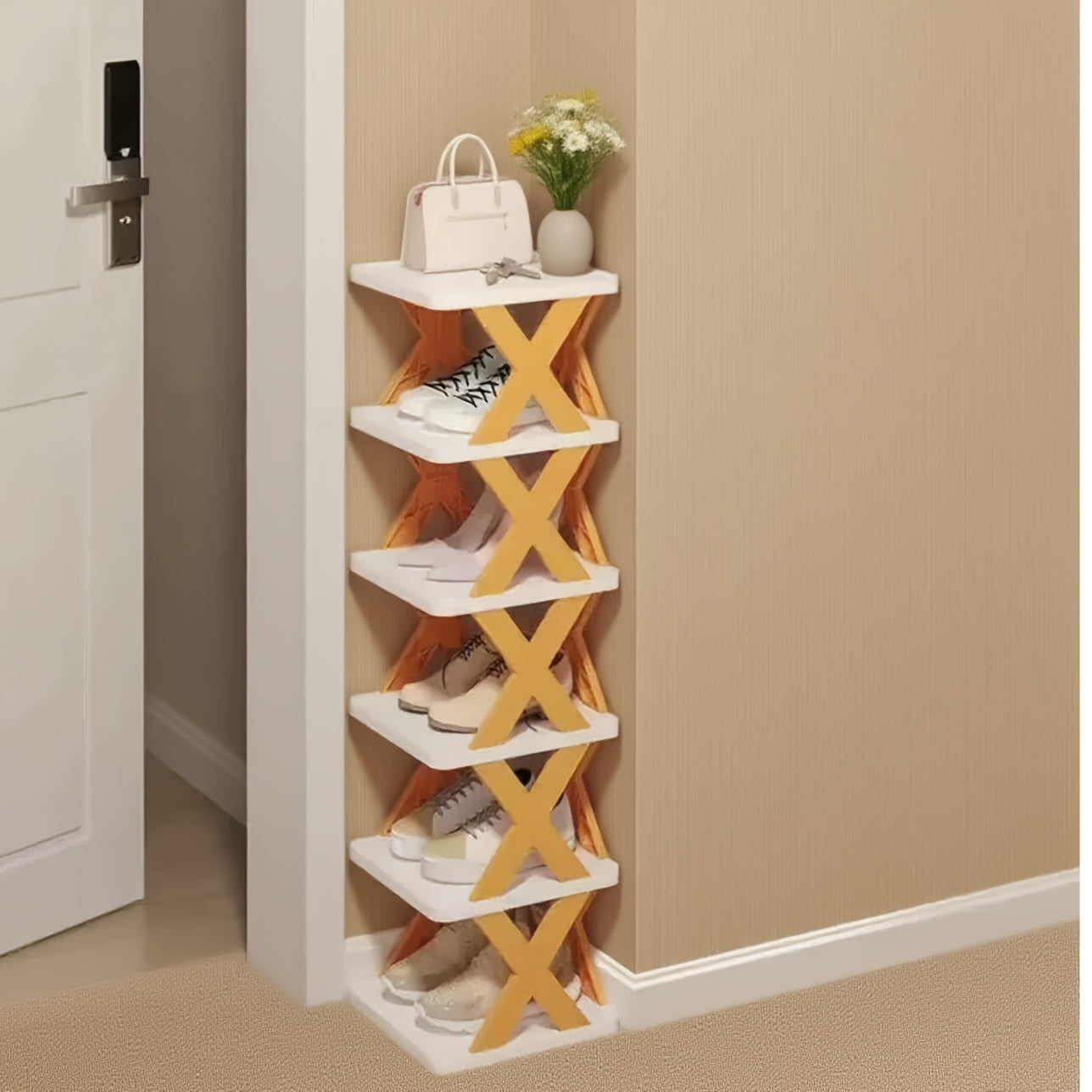 6-Tier Foldable White/BLACK Shoe Rack, space-saving vertical design for entry halls, living rooms, bedrooms, closets, balconies—an essential organizing storage shelf for college dormitories. - Image 9