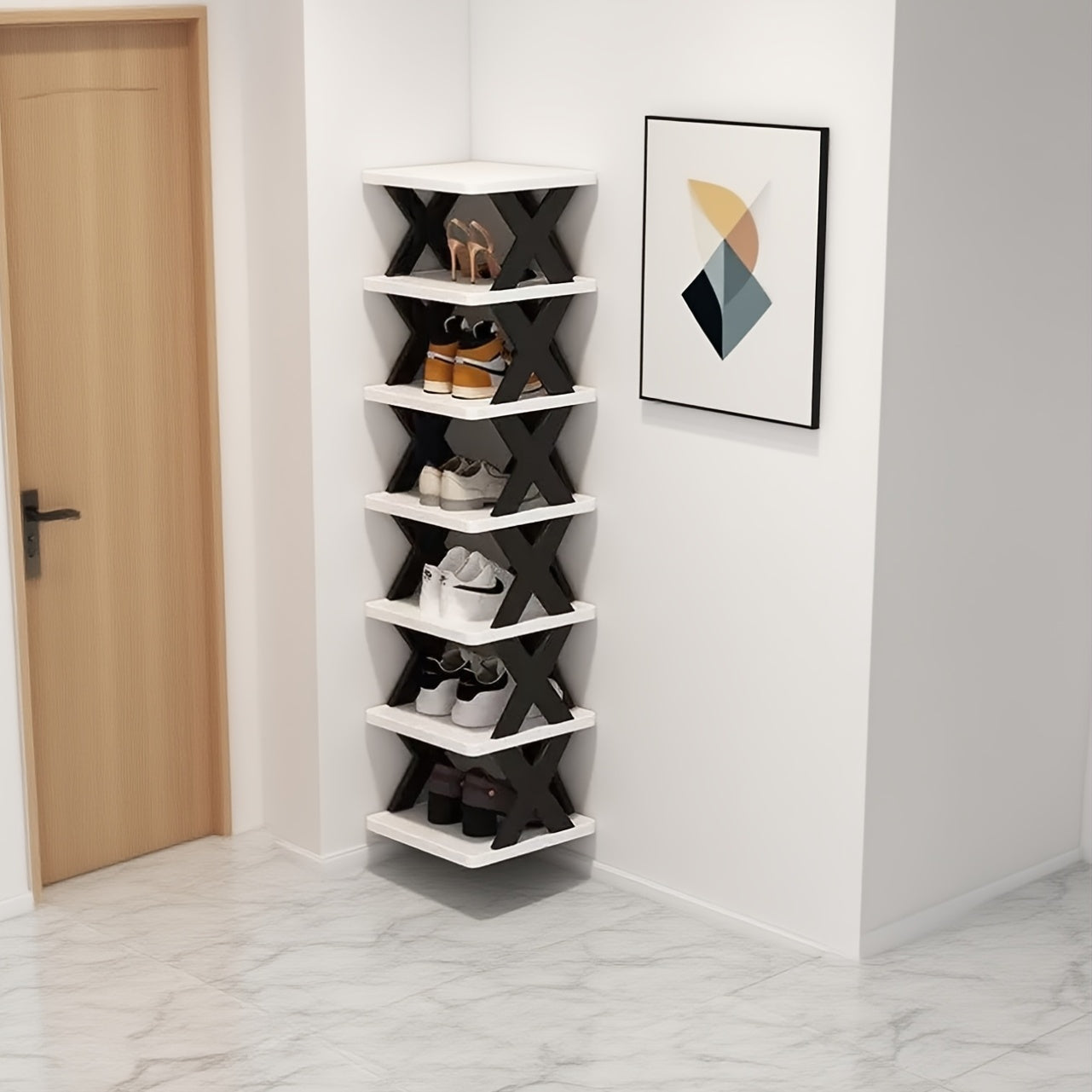 9-Tier Foldable White/Black Shoe Rack, space-saving vertical design for entry halls, living rooms, bedrooms, closets, balconies—an essential organizing storage shelf for college dormitories. - Image 2
