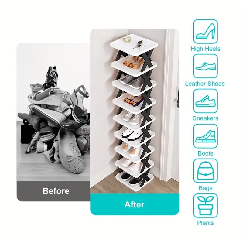 9-Tier Foldable White/Black Shoe Rack, space-saving vertical design for entry halls, living rooms, bedrooms, closets, balconies—an essential organizing storage shelf for college dormitories. - Image 5