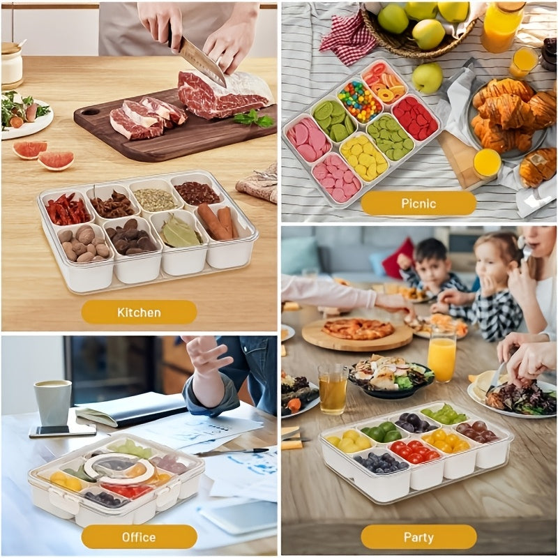Portable Snack Box with Handle and Lid, 8-Compartment Divided Tray, Suitable for Cooked Food, Candy, and Fruit, Ideal for Travel and Picnics. - Image 3