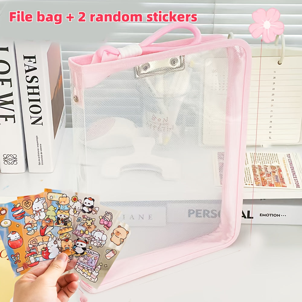 Macaron Candy Student File Bag + PET Animal Stickers - Hand-Carry Large Capacity Waterproof A4 Zipper Transparent Exam Paper & Textbook Storage Bag, Folder（green） - Image 2