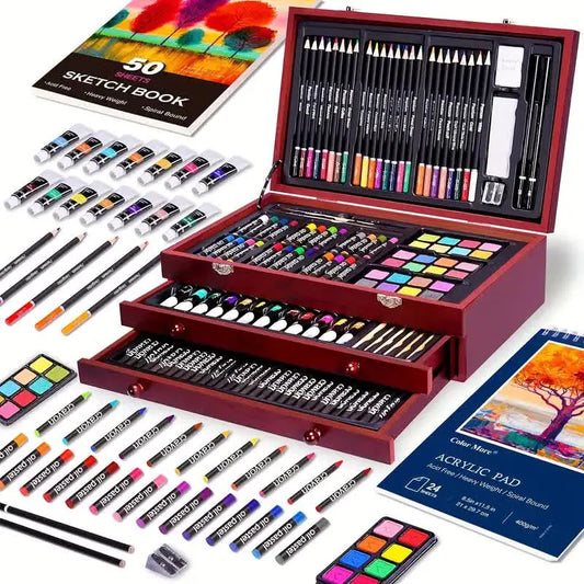 Pink 175-Piece Deluxe Art Set with 2 Drawing Boards, Wax Crayons, Acrylic Paints, Colored Pencils, Wooden Storage Case – Professional Painting Kit, Art Supplies, Ideal Gift for Christmas, Halloween, and Back-to-School Season - Image 2
