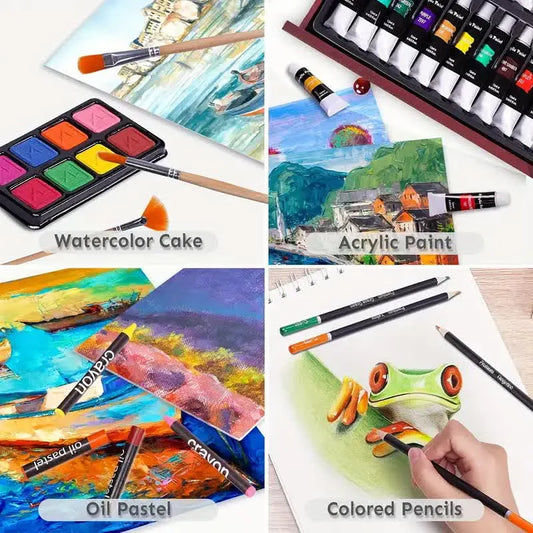 Purple 175-Piece Deluxe Art Set with 2 Drawing Boards, Wax Crayons, Acrylic Paints, Colored Pencils, Wooden Storage Case – Professional Painting Kit, Art Supplies, Ideal Gift for Christmas, Halloween, and Back-to-School Season - Image 3