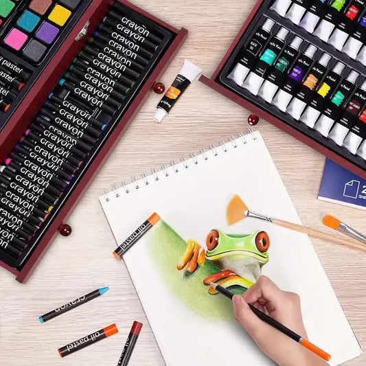 Black 175-Piece Deluxe Art Set with 2 Drawing Boards, Wax Crayons, Acrylic Paints, Colored Pencils, Wooden Storage Case – Professional Painting Kit, Art Supplies, Ideal Gift for Christmas, Halloween, and Back-to-School Season - Image 4