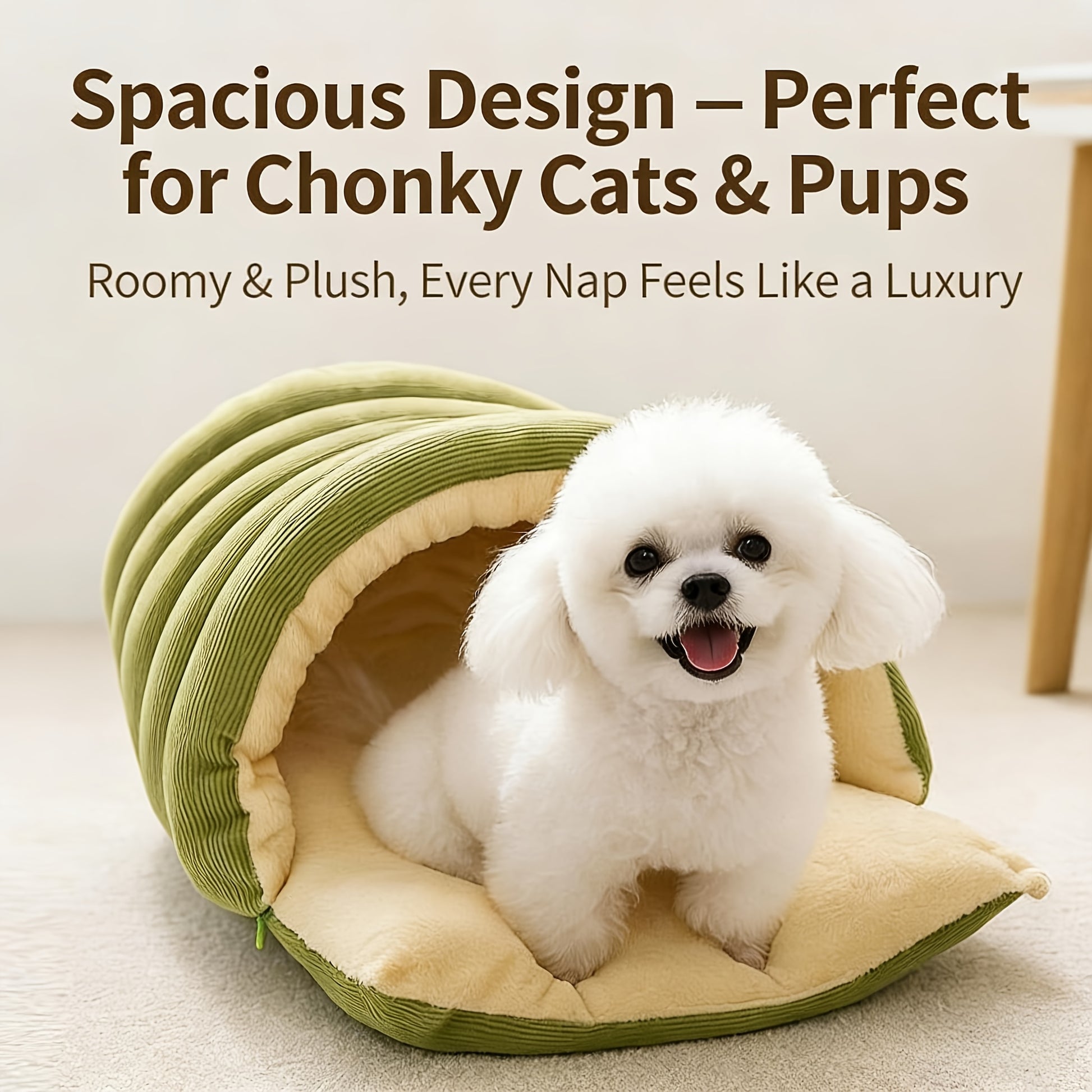 High-Elasticity Warm Cat Bed: 57×37×28cm Wrapped Design, Striped Fleece + Arctic Fleece Heat Retention, Removable & Washable（light beige） - Image 2