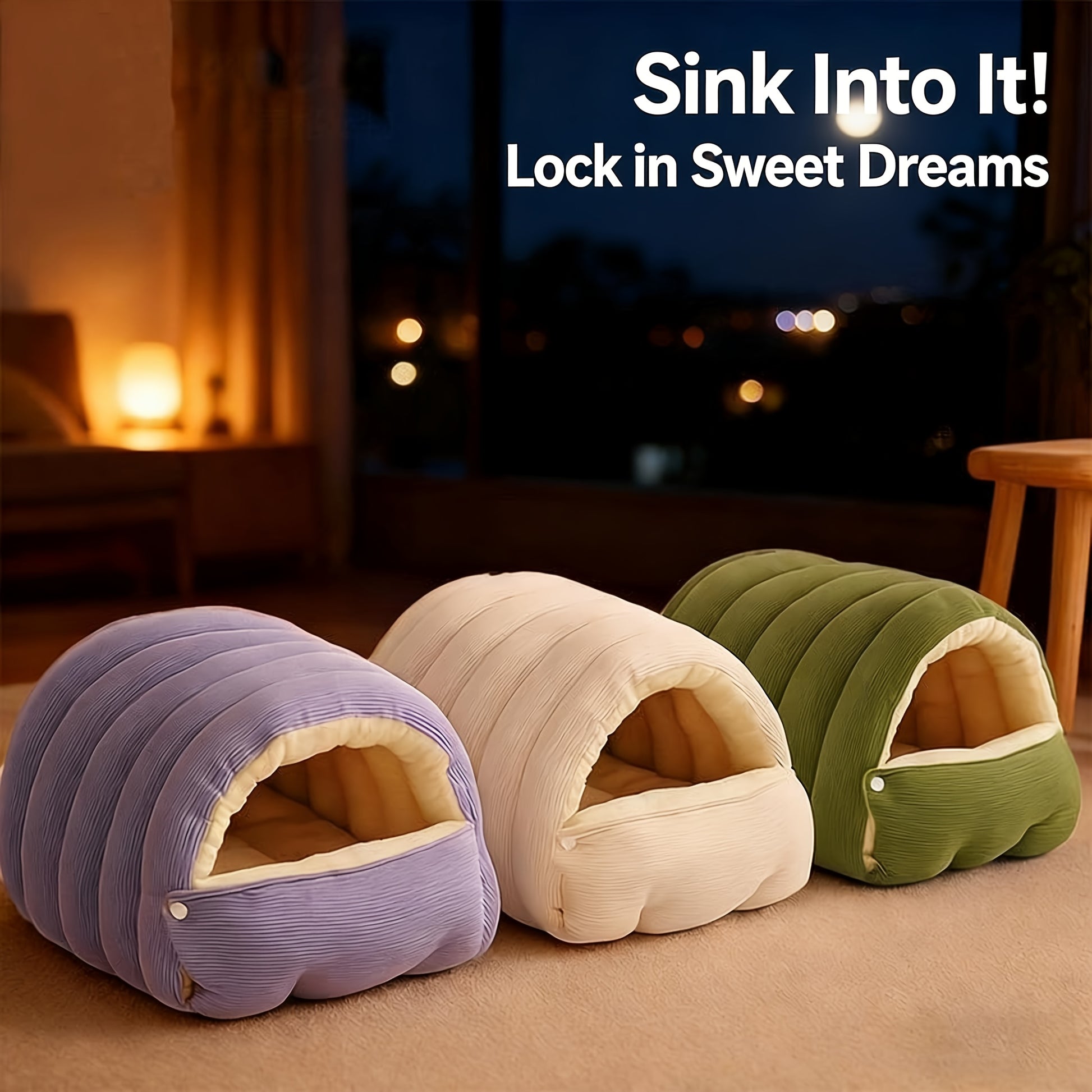 High-Elasticity Warm Cat Bed: 57×37×28cm Wrapped Design, Striped Fleece + Arctic Fleece Heat Retention, Removable & Washable（light beige） - Image 6