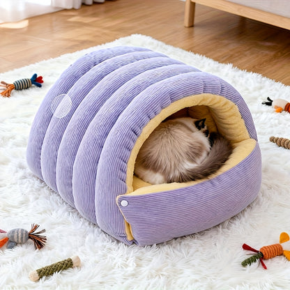 High-Elasticity Warm Cat Bed: 57×37×28cm Wrapped Design, Striped Fleece + Arctic Fleece Heat Retention, Removable & Washable（light GREEN） - Image 9