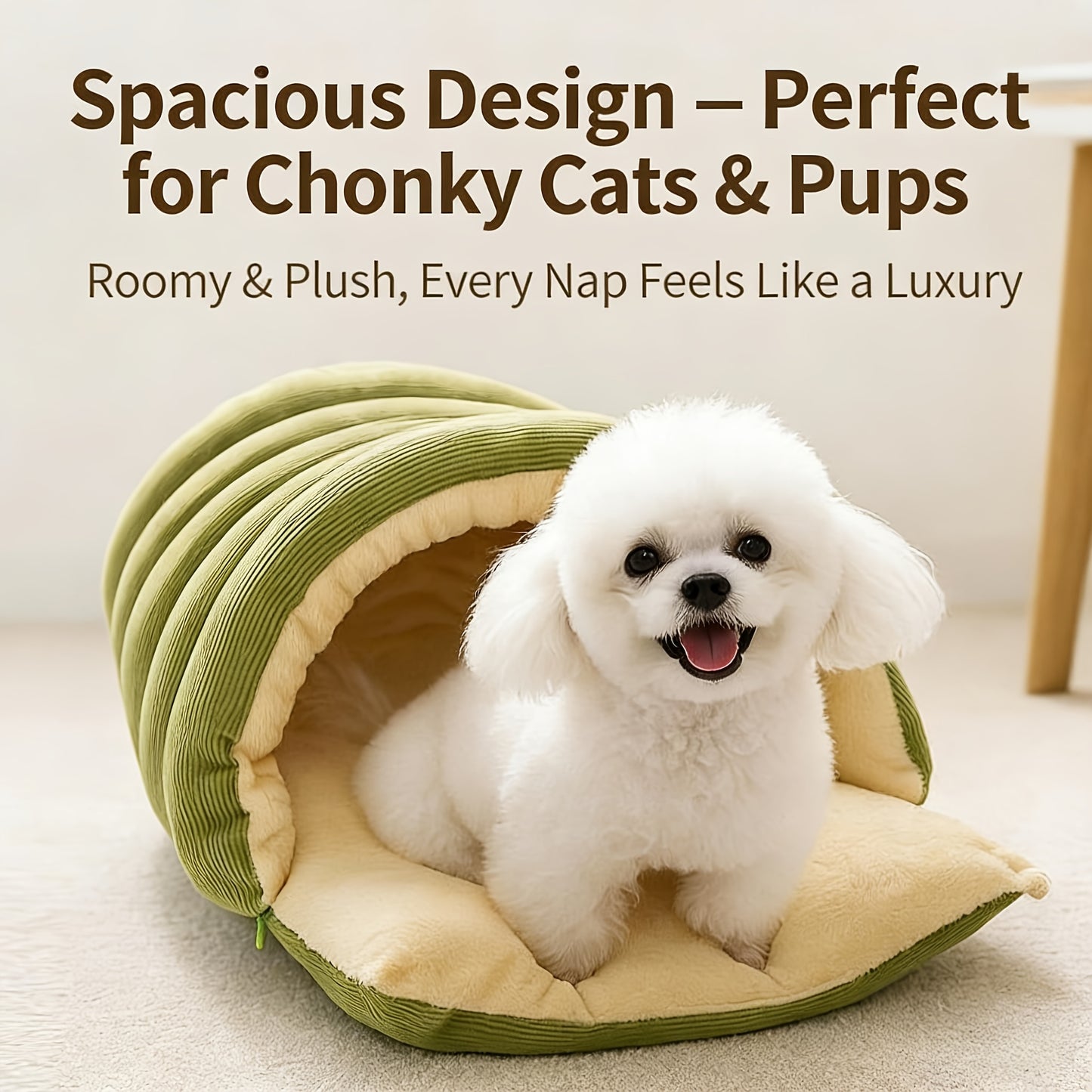 High-Elasticity Warm Cat Bed: 45×30×19cm Wrapped Design, Striped Fleece + Arctic Fleece Heat Retention, Removable & Washable（light GREEN） - Image 2