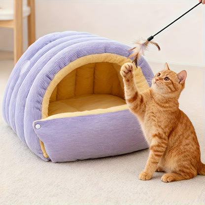 High-Elasticity Warm Cat Bed: 45×30×19cm Wrapped Design, Striped Fleece + Arctic Fleece Heat Retention, Removable & Washable（light purple）