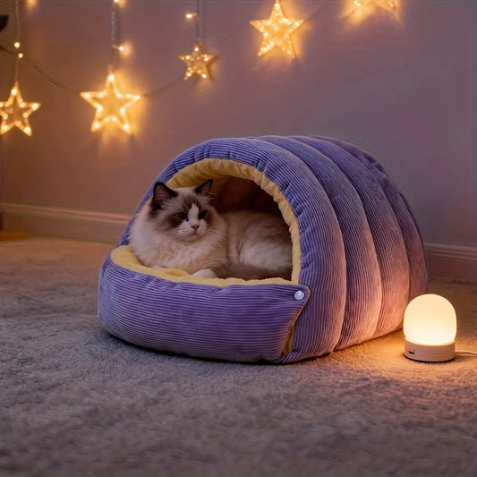 High-Elasticity Warm Cat Bed: 45×30×19cm Wrapped Design, Striped Fleece + Arctic Fleece Heat Retention, Removable & Washable（light purple） - Image 3
