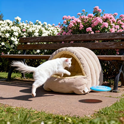High-Elasticity Warm Cat Bed: 45×30×19cm Wrapped Design, Striped Fleece + Arctic Fleece Heat Retention, Removable & Washable（light beige） - Image 5