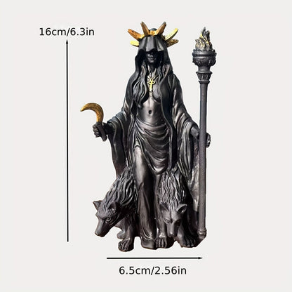 Dark Mystical Goddess Ornament — wearing a golden ray-like headdress, her face hidden beneath a dark robe, with a cross necklace adding to the mysterious aura. She holds a crescent moon prop in one hand and a flaming torch scepter tightly in the other.  - Image 2