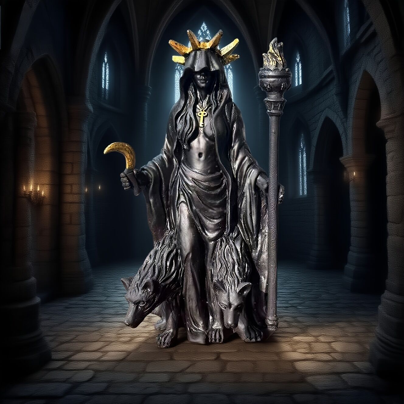 Dark Mystical Goddess Ornament — wearing a golden ray-like headdress, her face hidden beneath a dark robe, with a cross necklace adding to the mysterious aura. She holds a crescent moon prop in one hand and a flaming torch scepter tightly in the other.  - Image 3