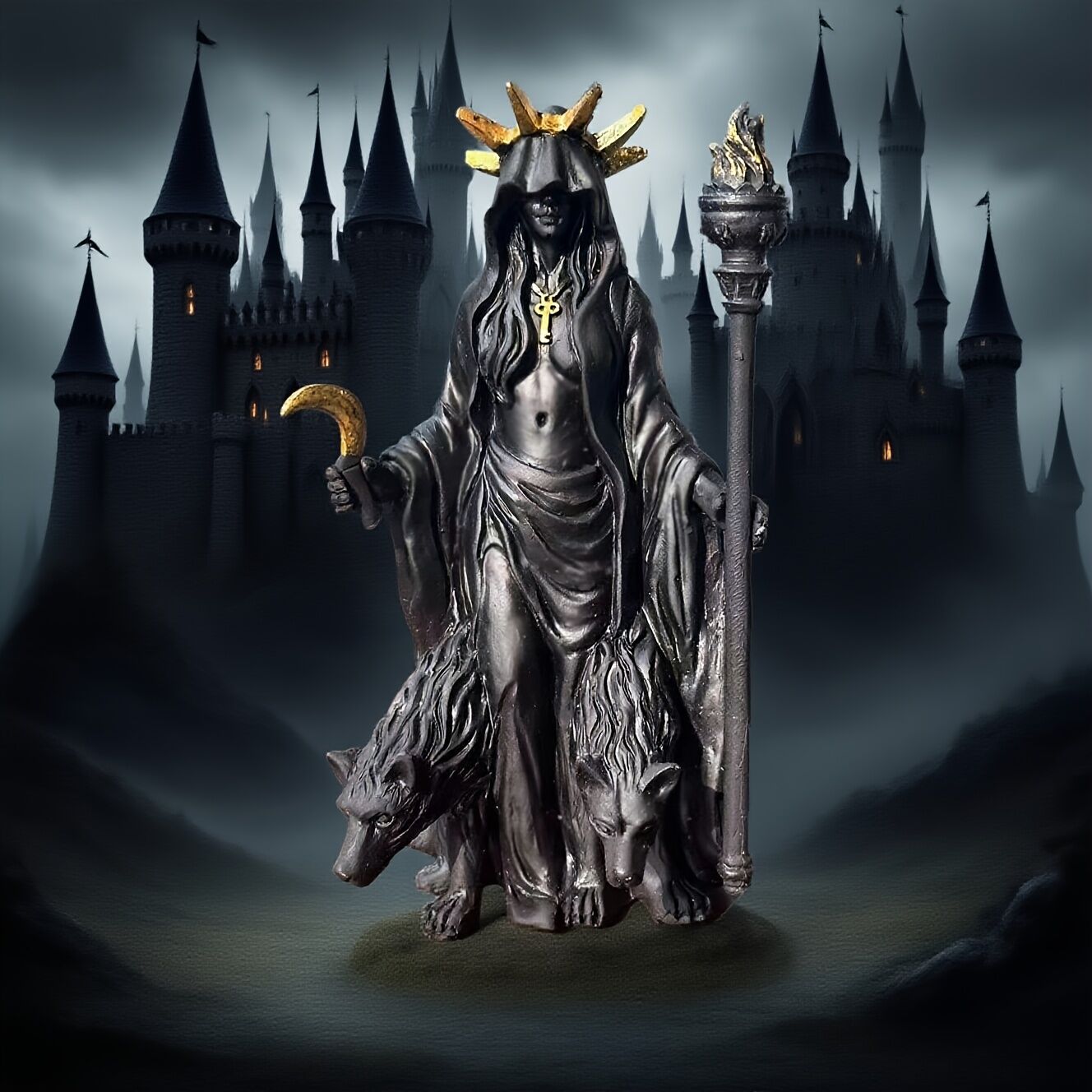 Dark Mystical Goddess Ornament — wearing a golden ray-like headdress, her face hidden beneath a dark robe, with a cross necklace adding to the mysterious aura. She holds a crescent moon prop in one hand and a flaming torch scepter tightly in the other.  - Image 6
