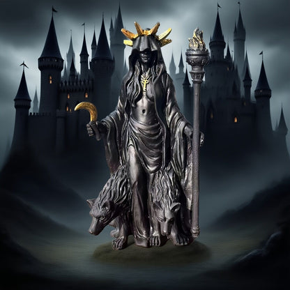 Dark Mystical Goddess Ornament — wearing a golden ray-like headdress, her face hidden beneath a dark robe, with a cross necklace adding to the mysterious aura. She holds a crescent moon prop in one hand and a flaming torch scepter tightly in the other.  - Image 6
