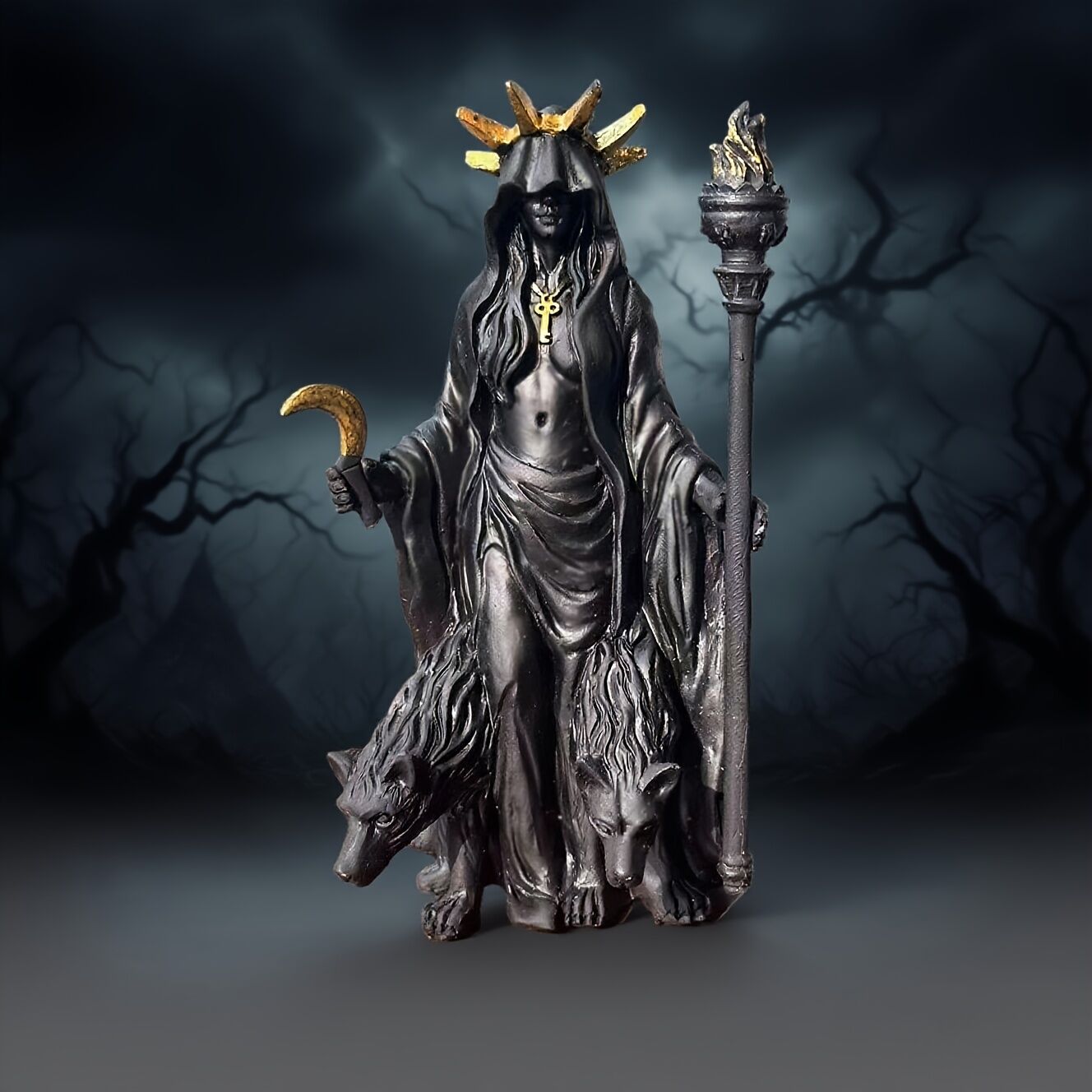 Dark Mystical Goddess Ornament — wearing a golden ray-like headdress, her face hidden beneath a dark robe, with a cross necklace adding to the mysterious aura. She holds a crescent moon prop in one hand and a flaming torch scepter tightly in the other.  - Image 8