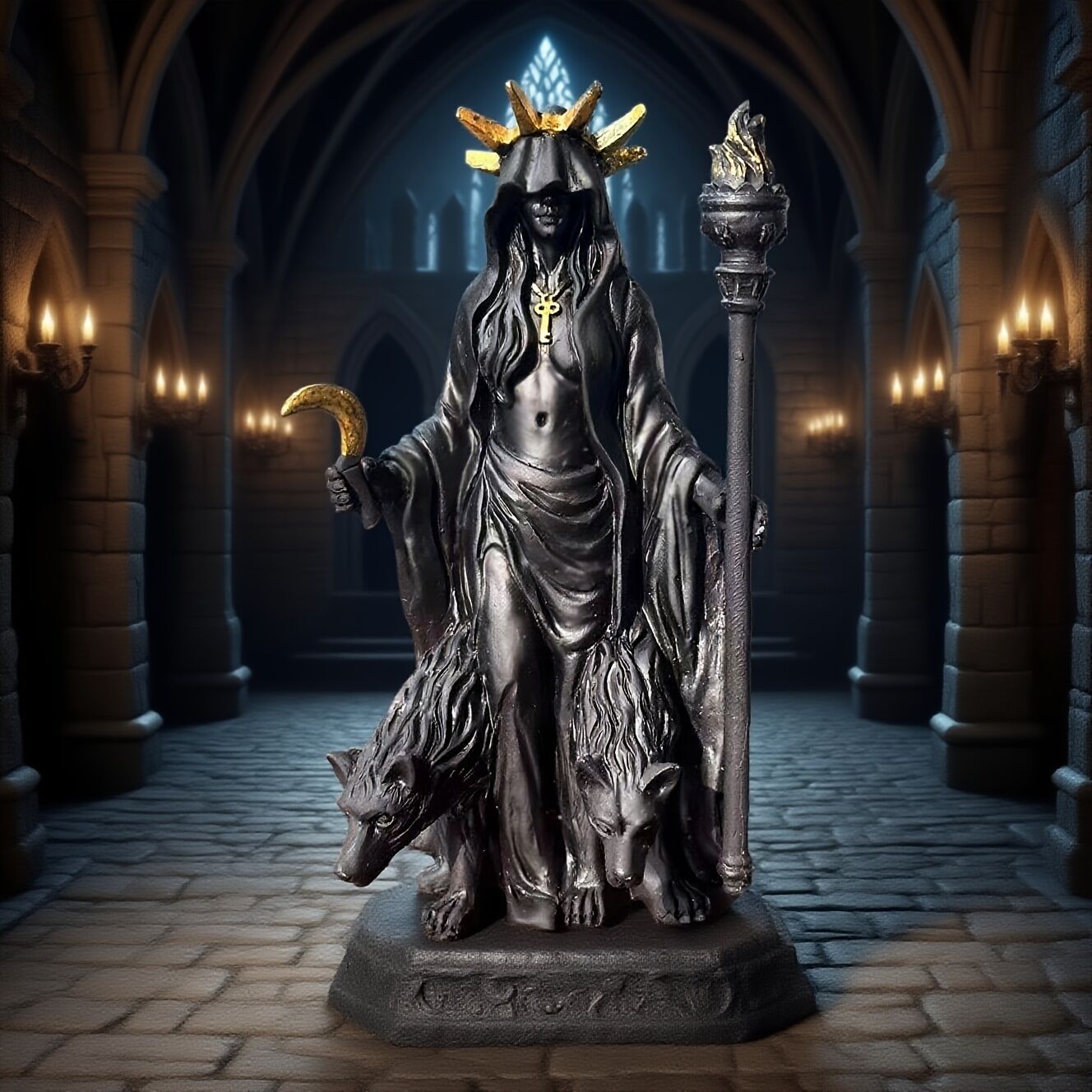 Dark Mystical Goddess Ornament — wearing a golden ray-like headdress, her face hidden beneath a dark robe, with a cross necklace adding to the mysterious aura. She holds a crescent moon prop in one hand and a flaming torch scepter tightly in the other.  - Image 9